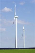 Renewable energies, solar park with wind turbines, photovoltaics, solar panels, Bavaria, Germany,