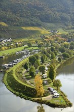 View of Senheim with the sports boat harbour and camping site, Moselle, Rhineland-Palatinate,