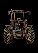 Farming tractor, stylized hand drawn colored vector