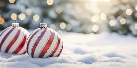 Christmas banner with bauble ornament with red and white stripes on snow covered ground. Generative