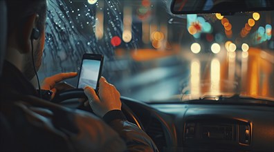 Person is driving a car and looking at the cell phone for gps directions or texting, AI generated