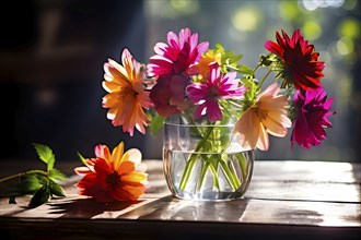 Transparent crystal glass vase with vibrant blooming flowers, AI generated