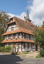 Half-timbered house in Hunspach, Most beautiful village in France 2020, Northern Alsace, Bas-Rhin,