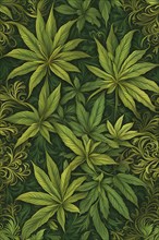 Abstract wallpaper highlighting stylized cannabis leaves in vibrant green and golden colors, AI