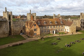 View from wall over interior of castle, Framlingham, Suffolk, England, UK, Framlingham College in