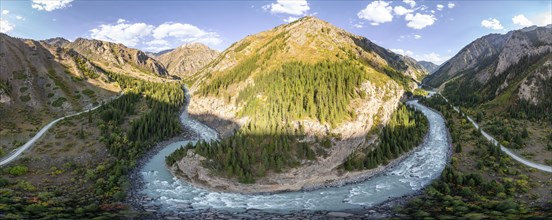 Mountain landscape with river in a narrow mountain valley in autumn, Little Naryn or Kichi-Naryn,