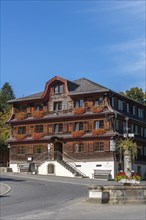 Schwarzenberg, village square with fountain, inn, Bregenz district, Bregenzerwald, wooden house,