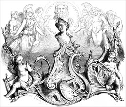 Introductory signet to the chapter literature in the 18th century, ornamentation, angels, woman and