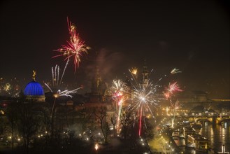 New Year's Eve fireworks over Dresden's Old Town, Dresden, Saxony, Germany, Europe