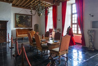 Kasteel van Laarne, interior showing dining room of 14th century medieval moated castle near Ghent,