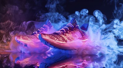 Colorful running shoes in splashes water. Shoes are bright. Water adds sense of energy to scene, AI