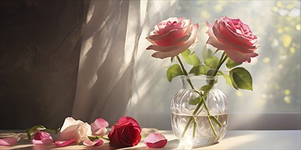 Transparent crystal glass vase with pink blooming roses, AI generated