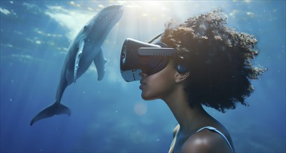 Woman wearing VR headset is looking at a whale in the ocean. Concept of virtual reality and gaming,