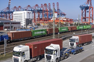 Port of Hamburg, Waltershofer Hafen, container ships, goods train with containers and container