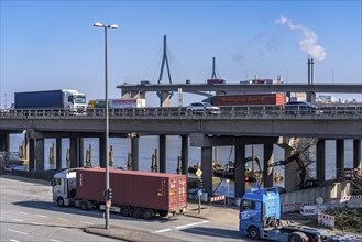 The Köhlbrand Bridge in the Port of Hamburg, rear, front trucks on the Waltershoferdam, access to