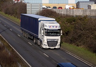 DAF heavy goods vehicle lorry on A12, Martlesham, Suffolk, England, UK