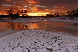 Winter floods 2024 on the Elbe and Mulde rivers with flooding of the meadows, ice on the meadows