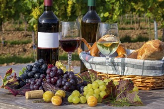 Symbolic image: Ripe grapes decorated with wine glasses on a wooden table