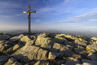 Summit cross on the Lusen (1373m), morning light, Bavarian Forest National Park, Bavaria, Germany,