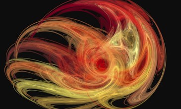 Abstract yellow and red flame-like fractal on the black, computer generated graphics