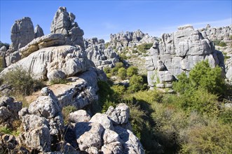 Dramatic limestone scenery of rocks shaped by erosion and weathering at El Torcal de Antequera