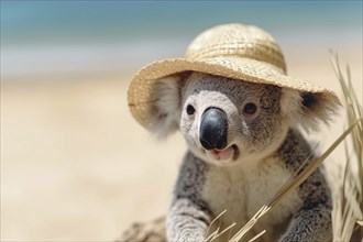 Koala bear with summer straw hat at beach. KI generiert, generiert AI generated