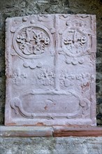 Medieval grave slab, tombstone of the Schelme zu Bergen, relief in red sandstone, castle garden,