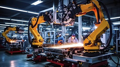 AI generated automotive assembly line in car manufacturing progression with automated machines