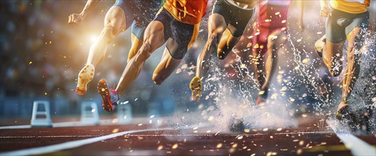 Athlete runners crossing finish line on stadium runner track, low-angle close-up, AI generated