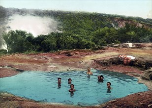 Morning Bath, Whakarewarewa, Rotorua, in the North Island of New Zealand, 1890, Historic, digitally