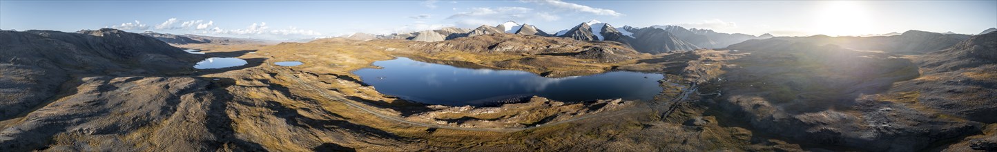 Panorama, aerial view, mountain peaks and mountain lake, evening mood, Arabel Lake at Arabel Pass,