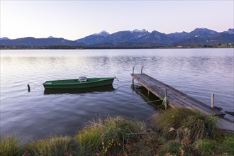 Footbridge at the Hopfensee, fishing boat, Allgäu Alps, Hopfen am See, Ostallgäu, Bavaria, Germany,