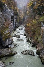 View from the Salzach bridge to the river Salzach and the Salzach gorge (Salzachöfen), autumn.