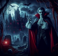 Mythology, the vampire Count Dracula in front of a cemetery with bats and his castle, AI generated,