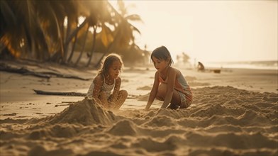 Vacationing children having fun on the beach playing in the sand, generatvie AI, AI generated