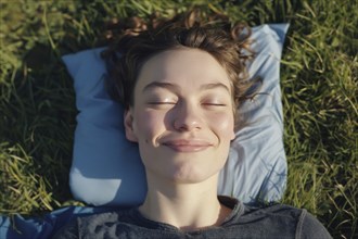 Teenager, young fair-skinned woman lying on a spring meadow and basking in the first spring sun,