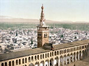 General view and Minaret of the Bride, Damascus, Holy Land, Syria, c. 1890, Historic, digitally