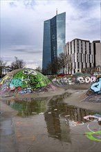 Building of the European Central Bank, ECB, skate park in the rain, at the Osthafen, at the Main in