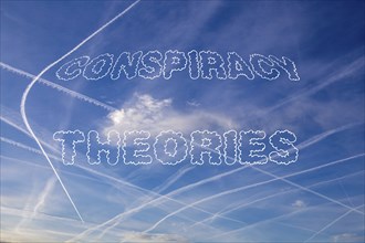 Symbolic image Conspiracy Theories : Sky with contrails with the words Conspiracy Theories