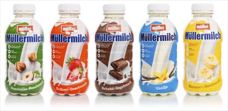 Muller's milk of various flavours in bottles from Theo Müller, cropped against a white background