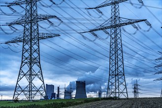 Niederaussem lignite-fired power plant, town of Bergheim, high-voltage power lines, storm cloud