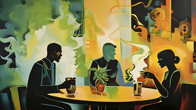 Abstract composition of a cannabis cafe with ambiance bold contrasting colors and playful shapes,