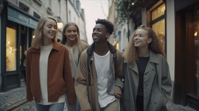 A happy multi-ethnic group of young adult friends walk along the streets of europe, generatvie AI,