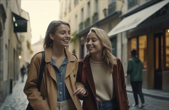 Two lesbian girlfriends walking along the streets of europe, generatvie AI, AI generated