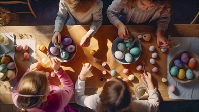 Several children decorating easter eggs at the table together, generative AI, AI generated