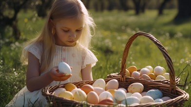 Young female child gathering colorful easter eggs outdoors and placing them in her basket,