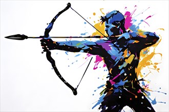 Illustration of a dynamic archer mid action on a vibrant splash paint background, AI generated