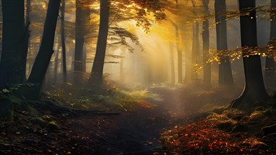 Fog covered forest in autumn with mystic golden sunlight, AI generated