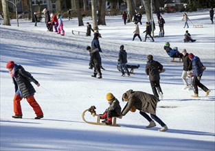 Tobogganing fun in Berlin's snow-covered Viktoriapark. Snow and icy cold continue to dominate the