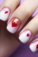 Woman's fingernails with Valentine red hearts on pink and white base nail art deisgn. KI generiert,